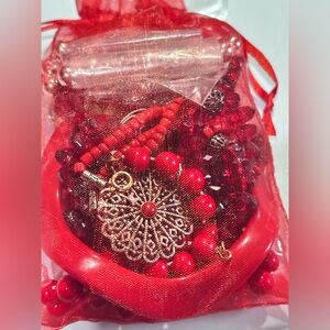 Red Mystery Jewelry bag ,Vintage & Modern Costume Jewelry | Wearable Lot